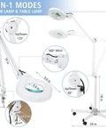 Magnifying Floor Lamp With Rolling Base And Five Wheels Lens 2200 Lumens LED Dimmable Light Lighted Magnifier adjustable arms view