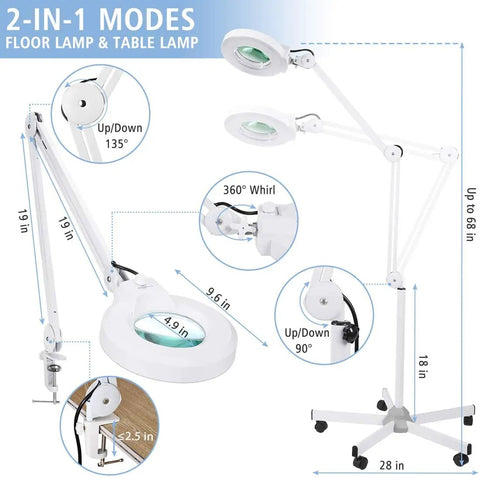 Magnifying Floor Lamp With Rolling Base And Five Wheels Lens 2200 Lumens LED Dimmable Light Lighted Magnifier adjustable arms view