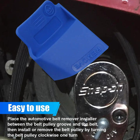 2 Piece Stretch Belt Mate Kit Plastic Belt Installer Tool in use on car engine belt pulley