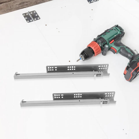 Heavy Duty Detachable Slow Closing Drawer Slides In Silver For Cabinets And Drawers with drill shown for installation