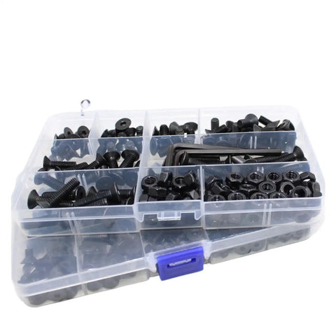 Built Tough Countersunk Flat Head Hex Bolt And Nut Set Kit M2 To M6 in black case with multiple compartments for DIY woodworking.