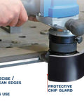 Portable Heavy Duty Power Beveler And Deburring Tool For 45 Degree Weld Seams, 2300 Watt Motor, held close to metal edge with chip guard.