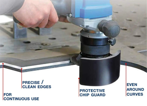 Portable Heavy Duty Power Beveler And Deburring Tool For 45 Degree Weld Seams, 2300 Watt Motor, held close to metal edge with chip guard.