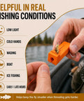 Two Pack Magnetic Fly Threader And Knot Tying Tool With Keychain In Orange, Grab And Go Fishing Gear For Quick Threading And Easy Secure Knots, Great Spare Set For You And Your Buds On The Water. Orange fly threader used on a fishing line from a boat.