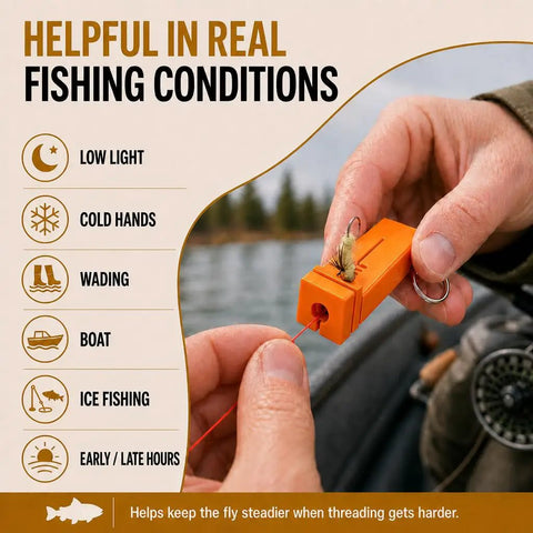 Two Pack Magnetic Fly Threader And Knot Tying Tool With Keychain In Orange, Grab And Go Fishing Gear For Quick Threading And Easy Secure Knots, Great Spare Set For You And Your Buds On The Water. Orange fly threader used on a fishing line from a boat.
