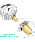 Glycerin Filled Two And A Half Inch Pressure Gauge Kit With Beefy Brass Adapter One Quarter NPT Female Stainless Steel Sheath 0 To 100 Psi Dual Scale KPa For Plumbing HVAC And Gas Lines Heavy Duty Test Tool
