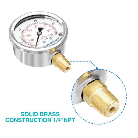 Glycerin Filled Two And A Half Inch Pressure Gauge Kit With Beefy Brass Adapter One Quarter NPT Female Stainless Steel Sheath 0 To 100 Psi Dual Scale KPa For Plumbing HVAC And Gas Lines Heavy Duty Test Tool