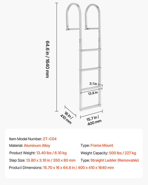 Removable Aluminum Dock Ladder With Four Super Grippy Treads, Built Tough Pontoon Boat Swim Ladder, non-slip wide steps details.