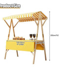 Foldable Wooden Market Stall Booth With Canopy dimensions shown, including a yellow table, 200cm height, outdoor vendor cart setup.