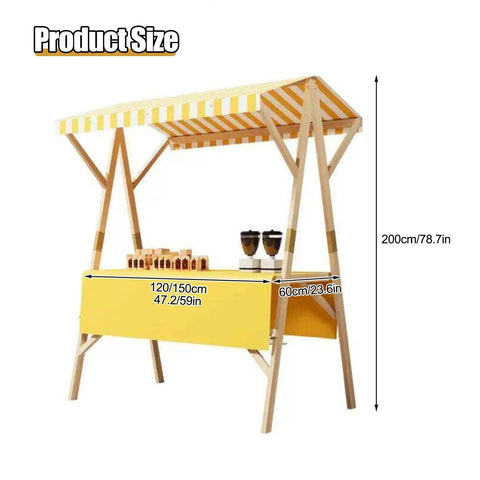 Foldable Wooden Market Stall Booth With Canopy dimensions shown, including a yellow table, 200cm height, outdoor vendor cart setup.