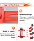 Automotive dual camshaft locking tool set in red plastic with star-knob clamps; anti-slip design