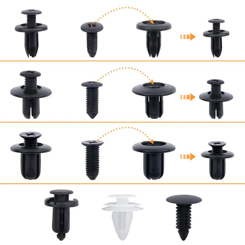Detailed view of 110Pcs Car Retainer Clips Kit With 6 Sizes And Storage Box, showcasing various black and white clips.