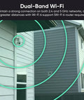 4K Pan Tilt Security Camera With Color Night Vision For Indoor And Outdoor Use mounted on house exterior with dual-band Wi-Fi.