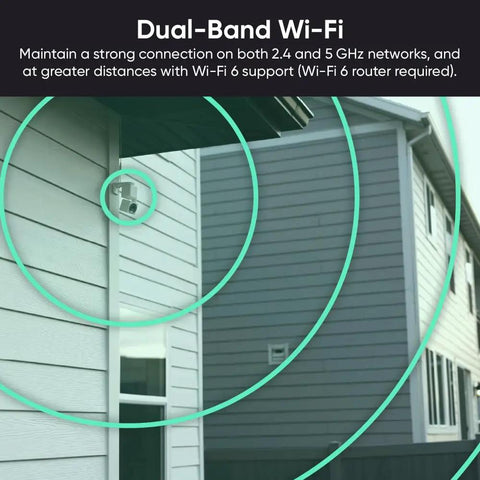 4K Pan Tilt Security Camera With Color Night Vision For Indoor And Outdoor Use mounted on house exterior with dual-band Wi-Fi.