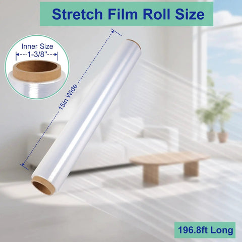 Heavy Duty Stretch Film Roll 15 Inch Wide 196.8 Feet Long 60 Gauge Plastic Wrap For Pallet Wrapping Furniture Moving And Protection 300 Percent Max Stretch Clear See Through Wrap displayed.