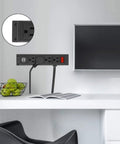 Under Desk Wall Mount Power Strip with Four Outlets and Two USB Ports, 6.56Ft Cord, placed on a white desk setup
