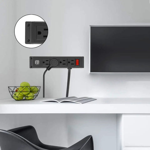 Under Desk Wall Mount Power Strip with Four Outlets and Two USB Ports, 6.56Ft Cord, placed on a white desk setup