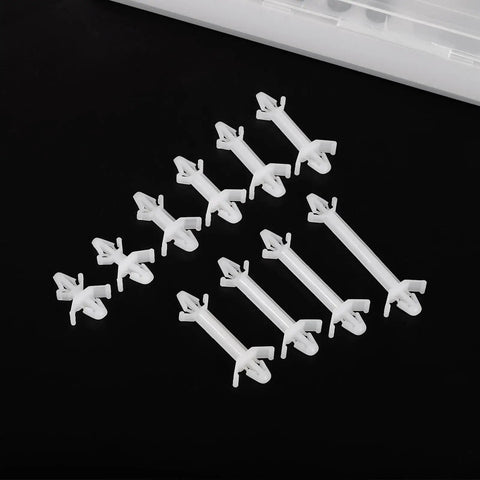 Top Shelf 60 Pack Nylon PCB Standoffs With Snap Tight Reverse Locking Clamps, white nylon spacers on black background.