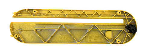 Beefy Table Saw Throat Plate Replacement for Models DWE7490 DWE7402DI DWE7491 DWE7492 and More Drop In Fit Precise Durable High Quality Aftermarket Table Saw Insert, yellow plastic insert, view of underside with slots and locking mechanism.