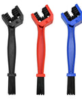 Three-piece Bike Chain Washer And Motorcycle Chain Brush Set with durable bristles in black, red, and blue for cleaning chains and gears.