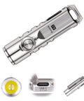 650 Lumens USB Rechargeable Keychain Flashlight Ultra Bright Mini EDC Light Aluminum Alloy design with USB port and lens close-up.