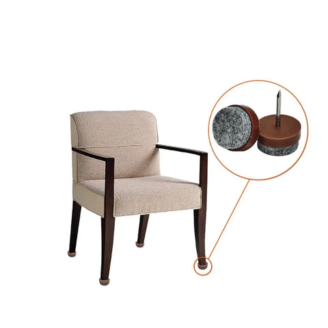 No Fuss Chair Leg Floor Protectors 30 Pack Adjustable Furniture Glides With Thick Felt Caps And Screw Levelers To Guard Hardwood Floors From Scratches While Keeping Setup A Dead Cinch Brown 28Mm on the base of a beige upholstered chair.