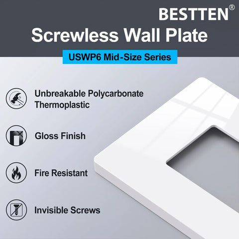 40 Pack Mid Size Screwless Outlet Covers Wall Plates 1 Gang Gloss Snow White Decorative USWP6 Midsize 4.88 By 3.11 Inches features