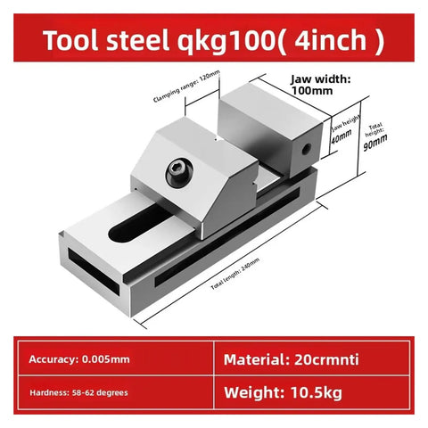 Tool steel qkg100 4 inch heavy duty vice with a clamping range of 120mm, replaceable jaws, and precision accuracy.