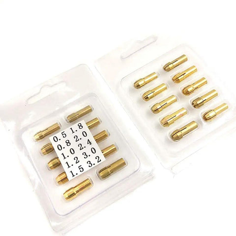 Top Shelf Brass Micro Collet Set 10 Piece 0.5mm To 3.2mm Rotary Tool Adapter Direct Swap Gold Finish in packaging.