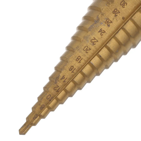 Premium Hss Step Drill Bit Kit 6 Piece Set With Spiral Grooves For Smooth Edges Countersink Design Plus Storage Box Perfect For Diy Pros And Home Projects On Metal Sheet And Wood, gold HSS bit close-up