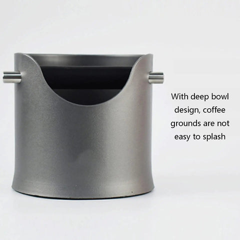 Zero Stress Espresso Knock Box With Shock Absorbent Deep Bowl For Quick Coffee Grounds Cleanup And Solid Tamping Station Setup, front view.