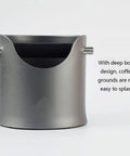 Heavy Duty Shock Absorbent Coffee Knock Box For Espresso Machines With Deep Spill Safe Bowl And Non Slip Grip showing deep bowl design.