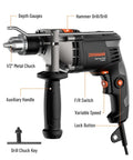 Front view of Beefy 7.5 Amp Corded Hammer Drill with 1/2 Inch Metal Chuck, variable speed control, and auxiliary handle.