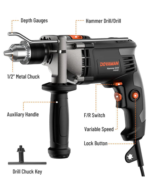 Front view of Beefy 7.5 Amp Corded Hammer Drill with 1/2 Inch Metal Chuck, variable speed control, and auxiliary handle.