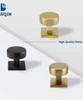 Three 25 Pack Champagne Bronze Cabinet Knobs For Cabinets And Drawers in square and round shapes on a white surface.