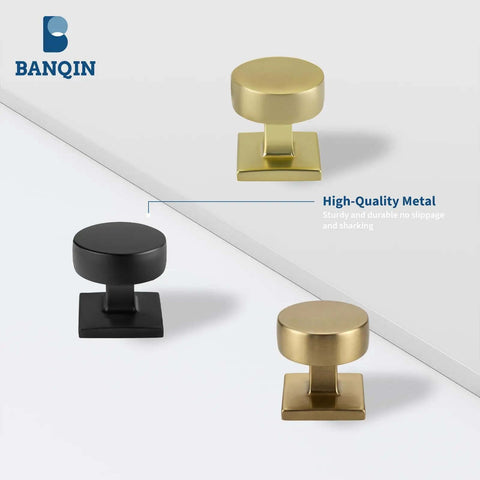Three 25 Pack Champagne Bronze Cabinet Knobs For Cabinets And Drawers in square and round shapes on a white surface.