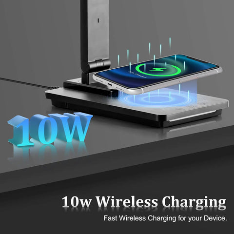 LED Desk Lamp With Wireless Charger And USB Port, Touch Control Table Lamp charging a phone, black office light