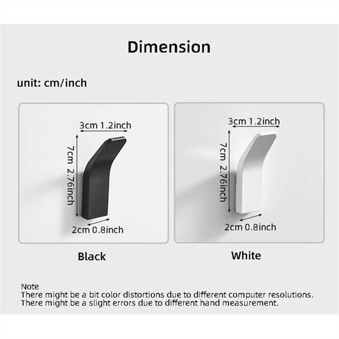Dimensions chart for Pretty Slick No Drill Wall Mounted Robe Hooks For Bathroom Towels And Coats in black and white colors.