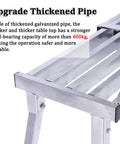 Foldable Scaffold Platform With Adjustable Height And Length, Heavy Duty Work Tower For Home Repair, Car Washing Station, Portable Stepladder Setup shows thickened galvanized pipe and table top.