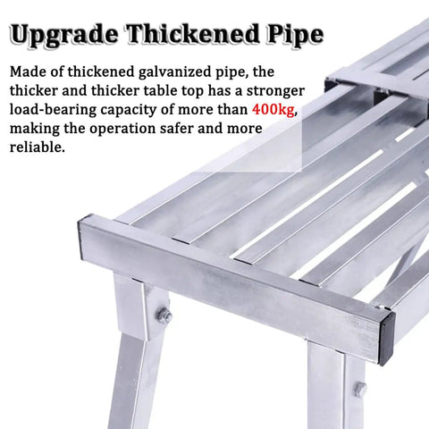 Foldable Scaffold Platform With Adjustable Height And Length, Heavy Duty Work Tower For Home Repair, Car Washing Station, Portable Stepladder Setup shows thickened galvanized pipe and table top.