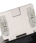 Close-up of Heavy Duty Recessed Floor Outlet With Dual 3 Prong Sockets Clean Look Stainless Steel Flush Mount Power Box lid.