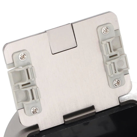 Damn Fine Pop Up Floor Electrical Outlet Kit Crafted From Slick Gasket Sealed Stainless Steel Delivers 20 Amp Power Tamper Resistant Design close-up of outlet lid and locking mechanism.