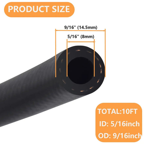 5/16 Inch 8mm ID Fuel Line Hose, 10ft Push Lock NBR Rubber Fuel Hose, close-up of hose diameter and labeling