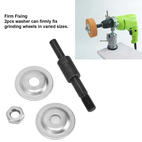 Arbor Shaft Adapter For Drill To Grinder Conversion With 8mm Round Shank Threaded Shaft And Two Washers Included For Quick Stable Setup And Flexible Grinding On Diy Projects shown with components and drill setup