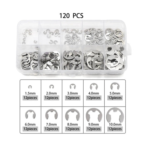 304 Stainless Steel E Clip Washer Assortment Kit For Shaft Circlip Retaining Rings M1.5 To M10 120Pcs container