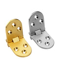 Gold and silver flush mounted folding hinges for self-supporting door flaps, DIY-friendly install, cabinet and office hardware.