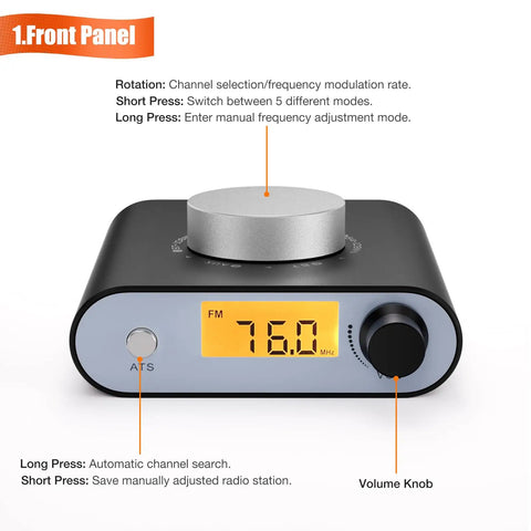 Front panel of S5000 FM Radio Receiver With Si4730 Chip, Bluetooth And AUX In, displaying control knob and digital frequency display.