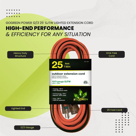 Contractor Grade Outdoor Extension Cord 12/3 SJTW With Lighted End 25 Feet Moisture Resistant And Durable for yard and tools