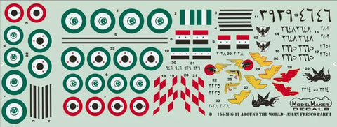 MiG-17 Asian Fresco Part I 1/144 Scale Aircraft Decal Set For Model Kits featuring water slide decals with sharp details.