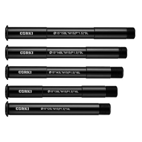 Set of five Universal 15mm Thru Axle Adapters For Bike Hubs Fits 1.0mm And 1.5mm Thread Pitch, sizes 125 to 158mm, black metal